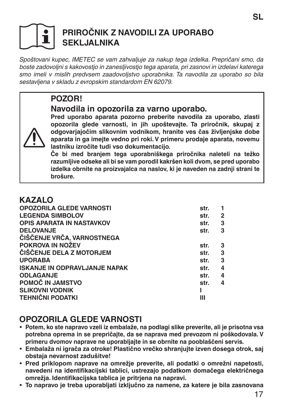 Sl priročnik z navodili za uporabo sekljalnika, Pozor! navodila in opozorila za varno uporabo, Kazalo | Opozorila glede varnosti | Imetec ECO CH User Manual | Page 22 / 30