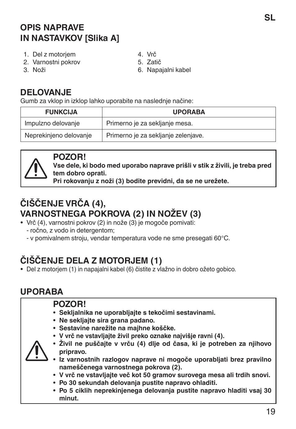 Sl opis naprave in nastavkov [slika a, Delovanje, Pozor | Čiščenje dela z motorjem (1), Uporaba | Imetec ECO CH User Manual | Page 24 / 30