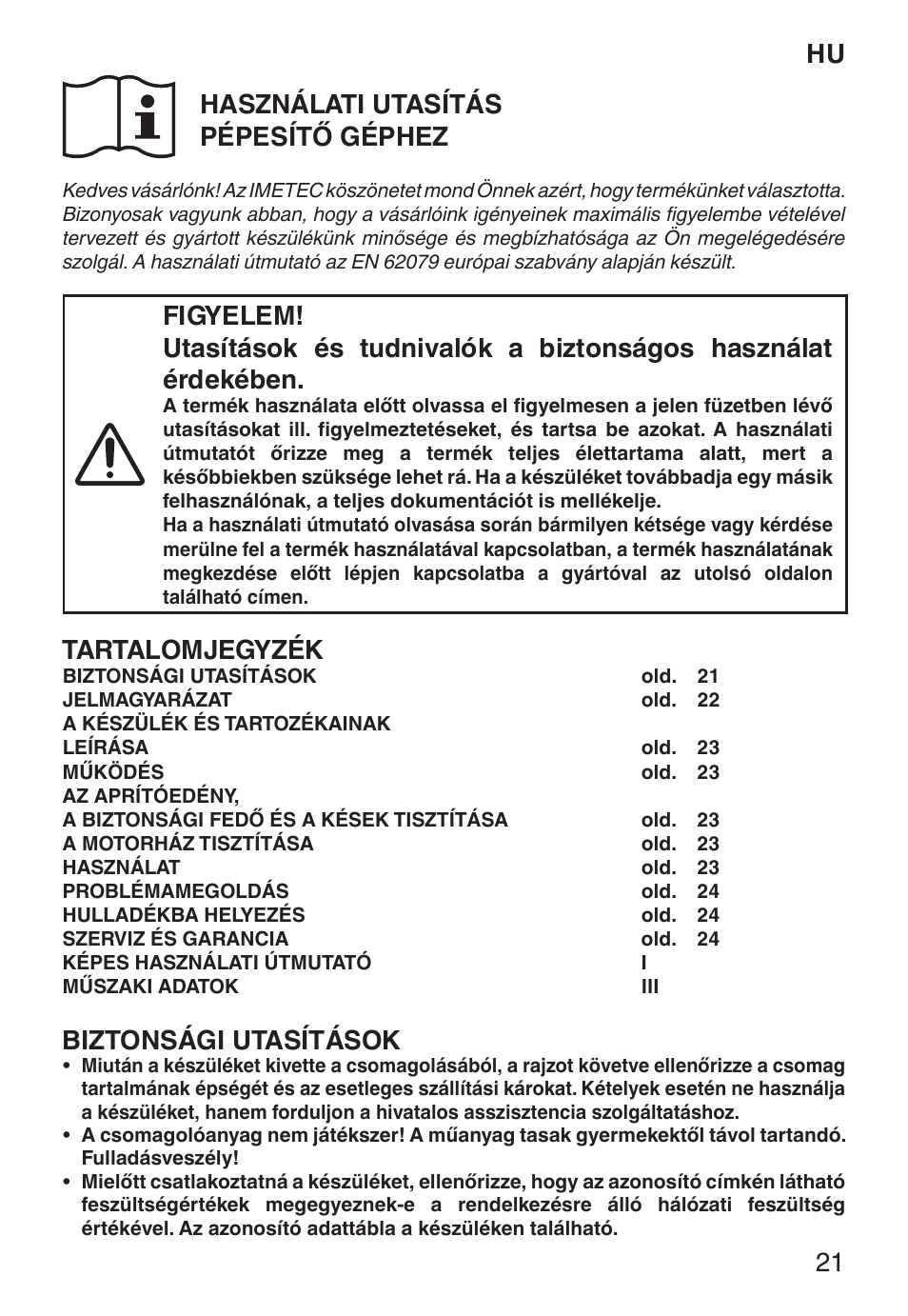 Hu használati utasítás pépesítő géphez, Tartalomjegyzék, Biztonsági utasítások | Imetec ECO CH User Manual | Page 26 / 30