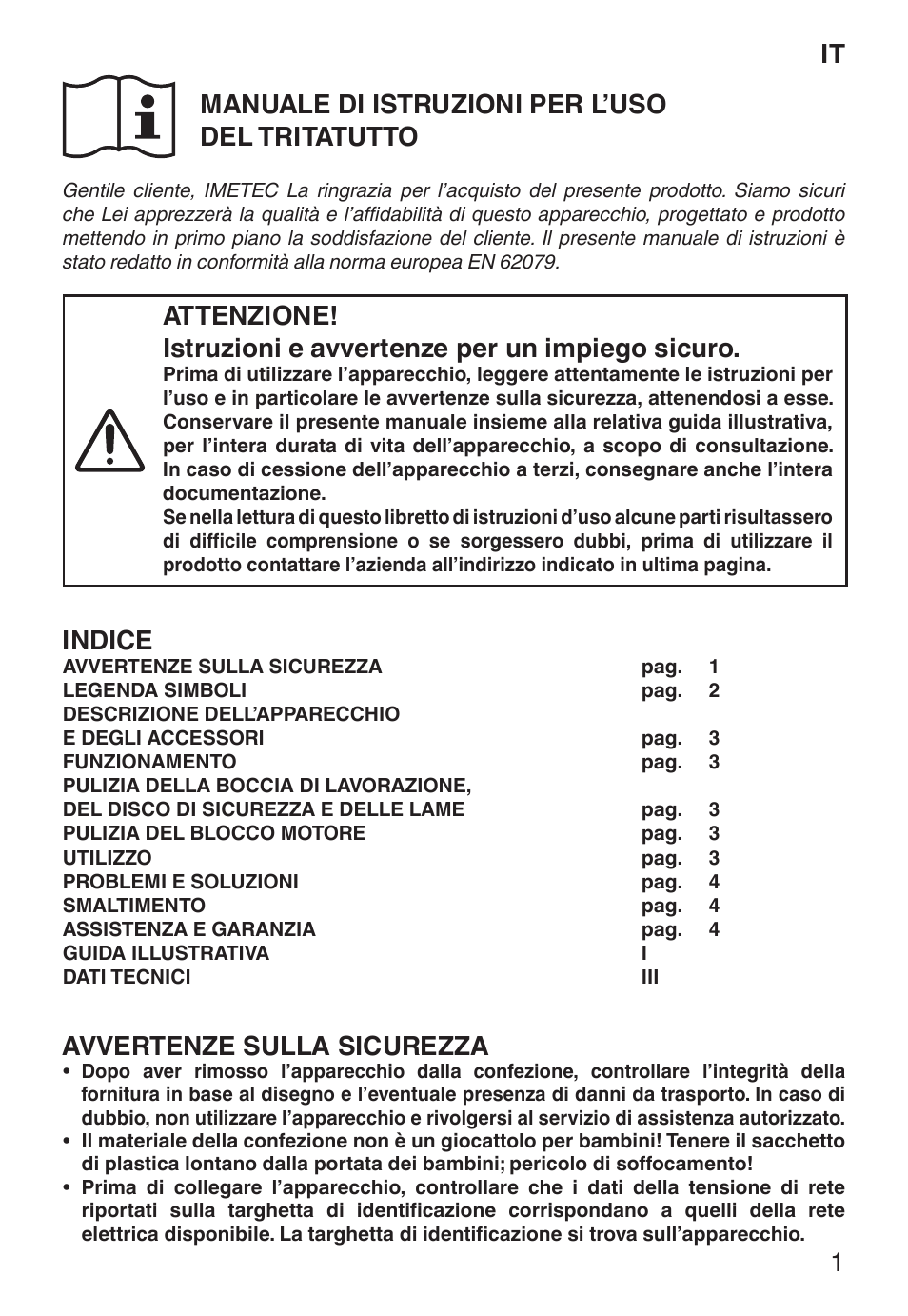 It manuale di istruzioni per l’uso del tritatutto, Indice, Avvertenze sulla sicurezza | Imetec ECO CH User Manual | Page 6 / 30
