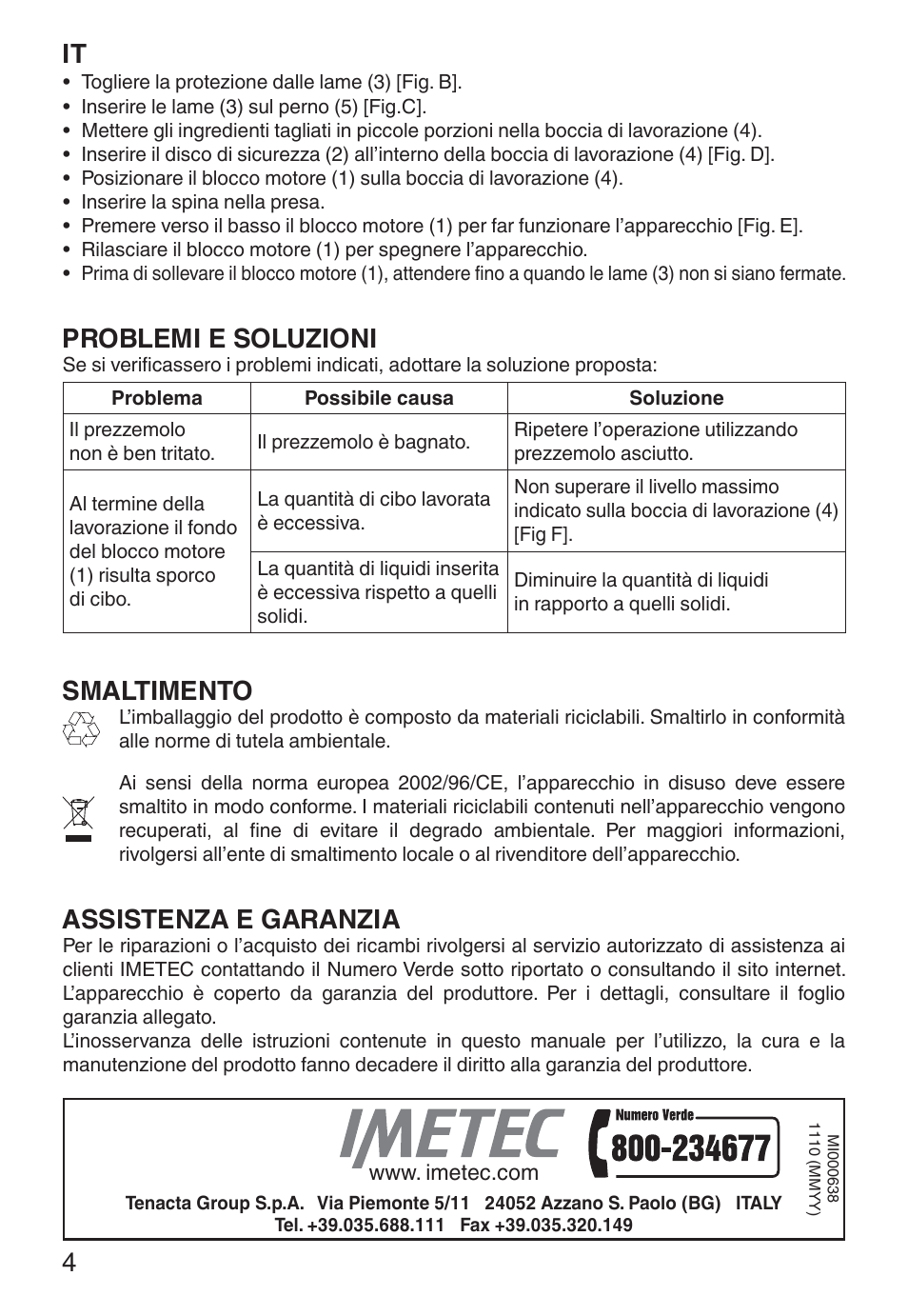 Problemi e soluzioni, Smaltimento, Assistenza e garanzia | Imetec ECO CH User Manual | Page 9 / 30