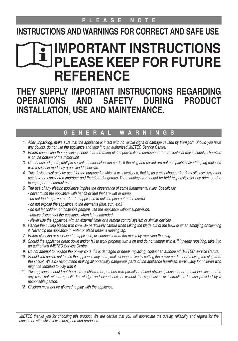 Instructions and warnings for correct and safe use | Imetec DOLCEVITA CH5 User Manual | Page 6 / 27