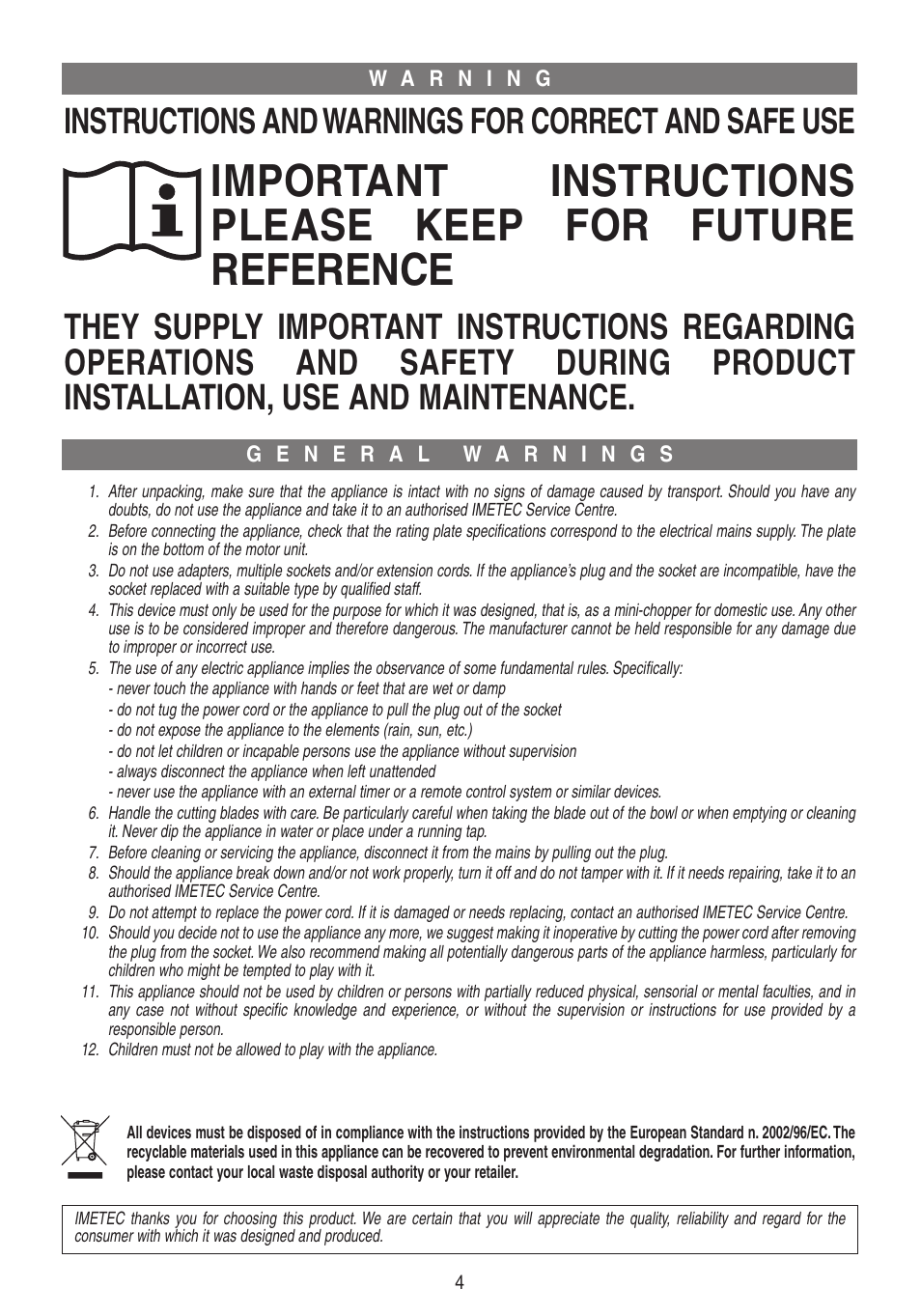 Xst17371-istr-gb, Instructions and warnings for correct and safe use | Imetec DOLCEVITA CH4 User Manual | Page 5 / 24