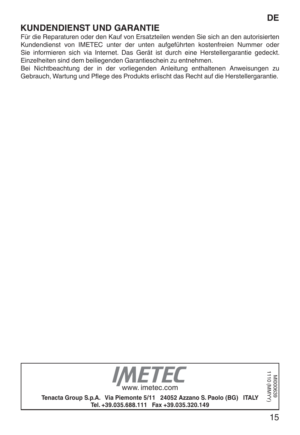 De kundendienst und garantie | Imetec ECO TS User Manual | Page 20 / 36