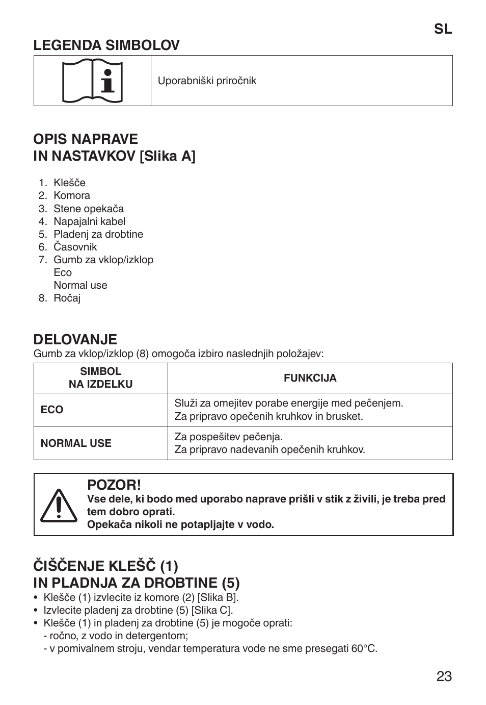 Sl legenda simbolov, Opis naprave in nastavkov [slika a, Delovanje | Pozor, Čiščenje klešč (1) in pladnja za drobtine (5) | Imetec ECO TS User Manual | Page 28 / 36