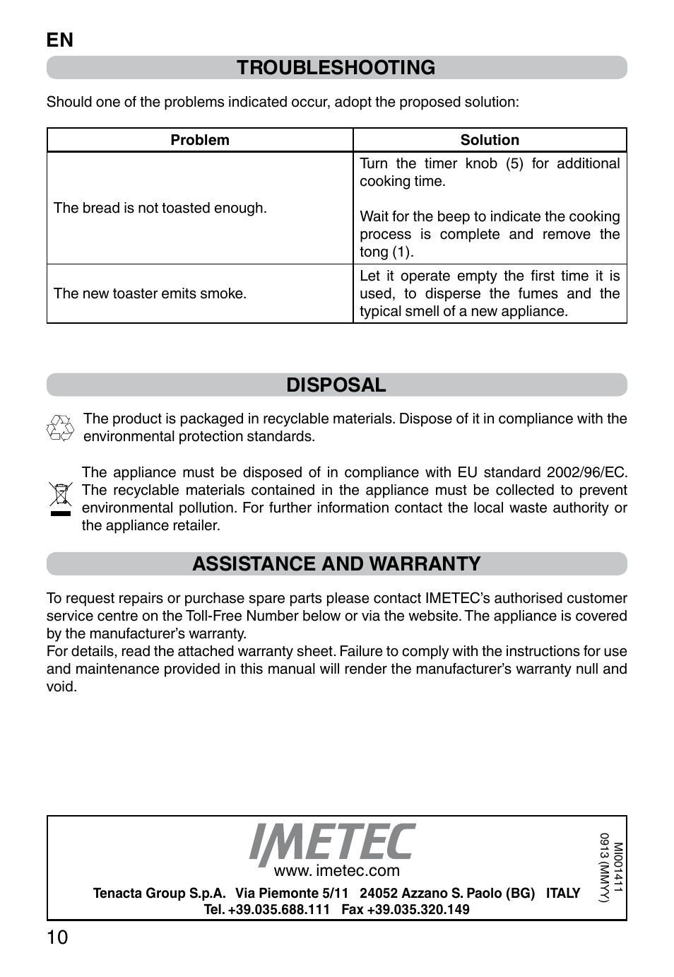 En 10 troubleshooting, Disposal, Assistance and warranty | Imetec DOLCEVITA TS9 User Manual | Page 12 / 27