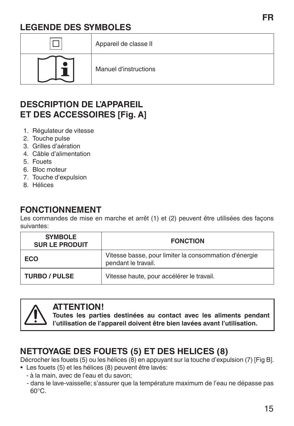 Fr legende des symboles, Fonctionnement, Attention | Nettoyage des fouets (5) et des helices (8) | Imetec ECO ST User Manual | Page 20 / 34
