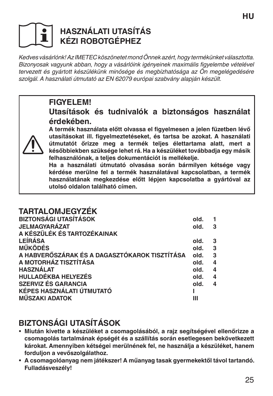 Hu használati utasítás kézi robotgéphez, Tartalomjegyzék, Biztonsági utasítások | Imetec ECO ST User Manual | Page 30 / 34