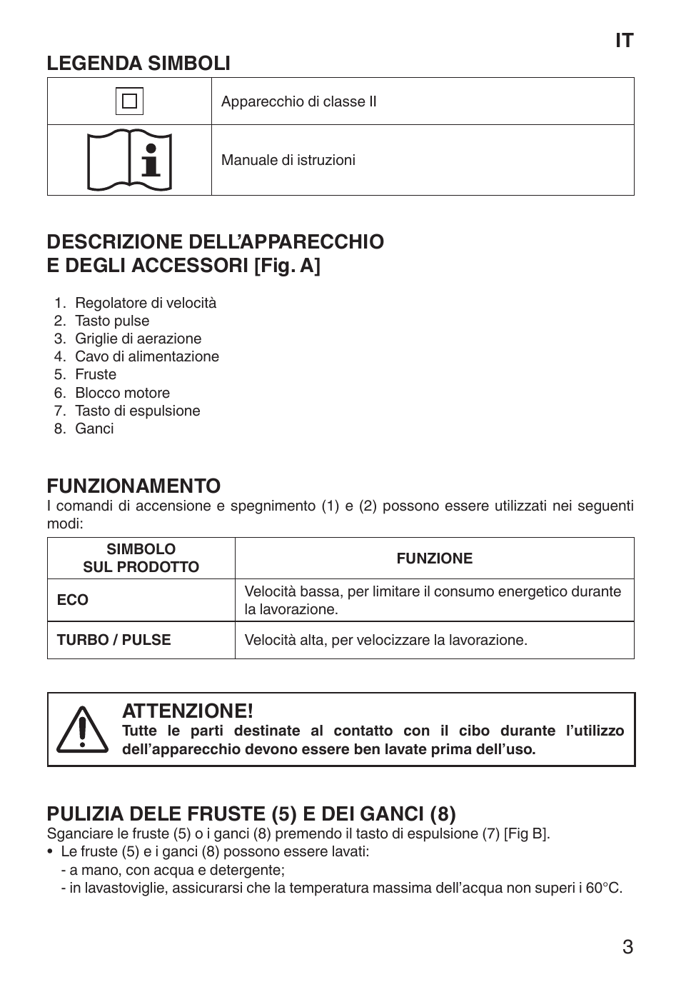 It legenda simboli, Funzionamento, Attenzione | Pulizia dele fruste (5) e dei ganci (8) | Imetec ECO ST User Manual | Page 8 / 34