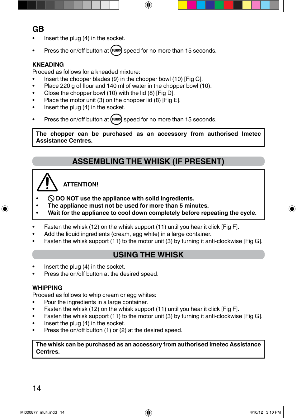 It 14, Assembling the whisk (if present), Using the whisk | Imetec PROFESSIONAL SERIE HB 2000 User Manual | Page 20 / 54
