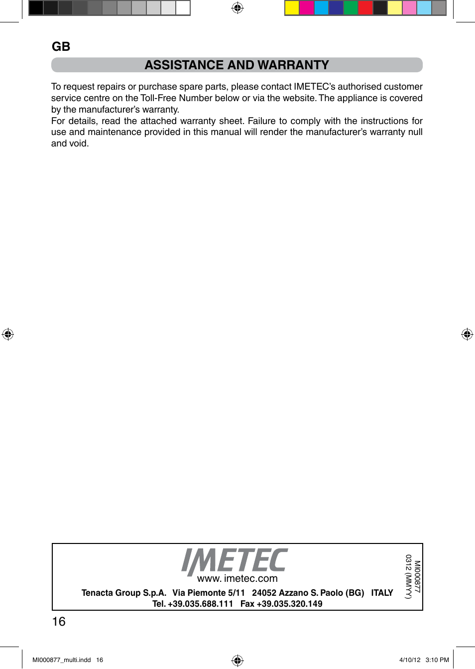 It 16 assistance and warranty | Imetec PROFESSIONAL SERIE HB 2000 User Manual | Page 22 / 54