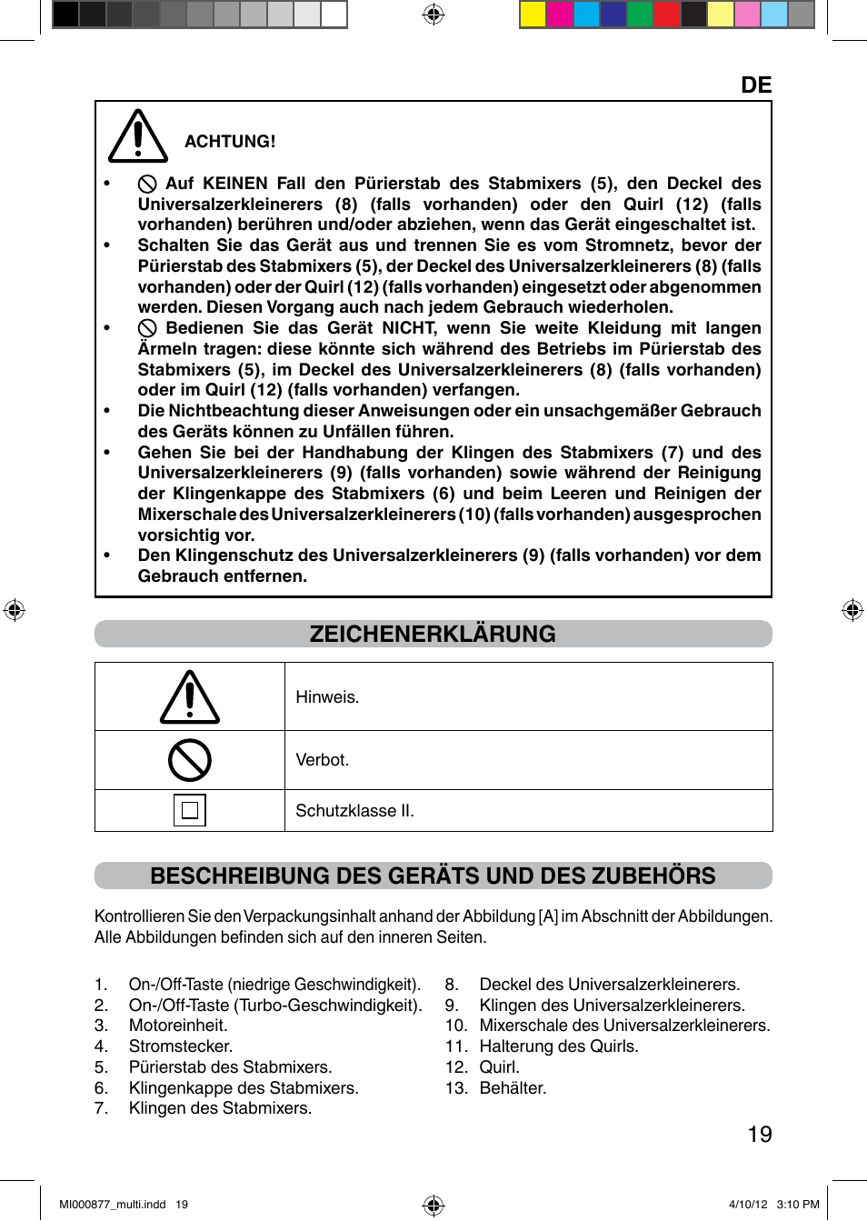 It 19, Zeichenerklärung, Beschreibung des geräts und des zubehörs | Imetec PROFESSIONAL SERIE HB 2000 User Manual | Page 25 / 54