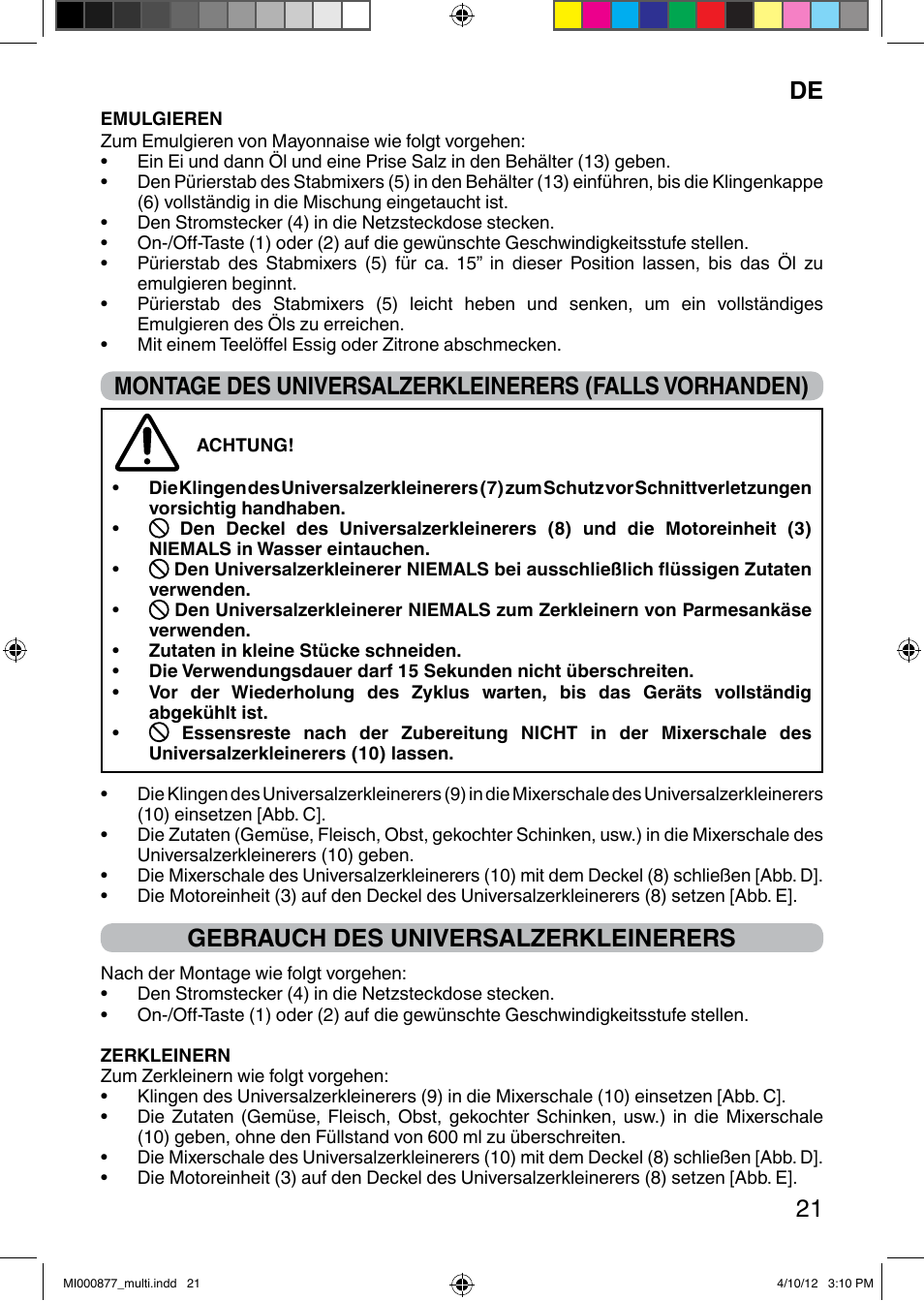 It 21, Gebrauch des universalzerkleinerers | Imetec PROFESSIONAL SERIE HB 2000 User Manual | Page 27 / 54