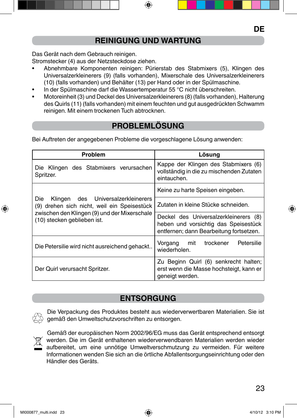 It 23 reinigung und wartung, Problemlösung, Entsorgung | Imetec PROFESSIONAL SERIE HB 2000 User Manual | Page 29 / 54