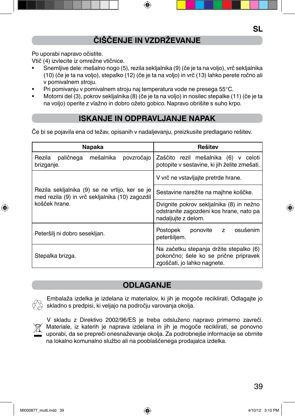 It 39 čiščenje in vzdrževanje, Iskanje in odpravljanje napak, Odlaganje | Imetec PROFESSIONAL SERIE HB 2000 User Manual | Page 45 / 54