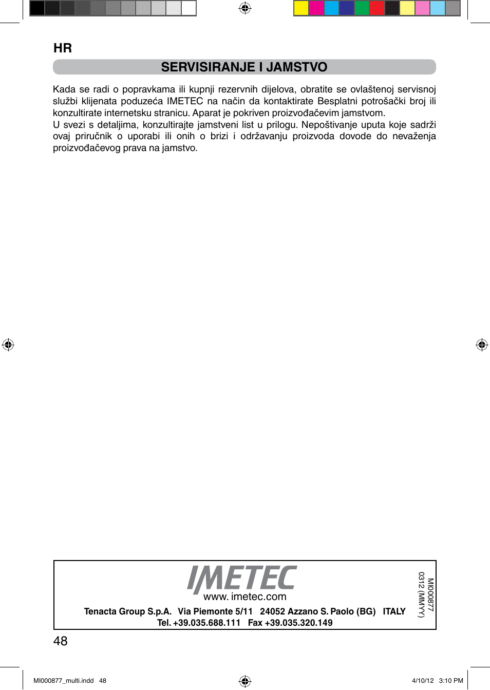 It 48, Servisiranje i jamstvo | Imetec PROFESSIONAL SERIE HB 2000 User Manual | Page 54 / 54