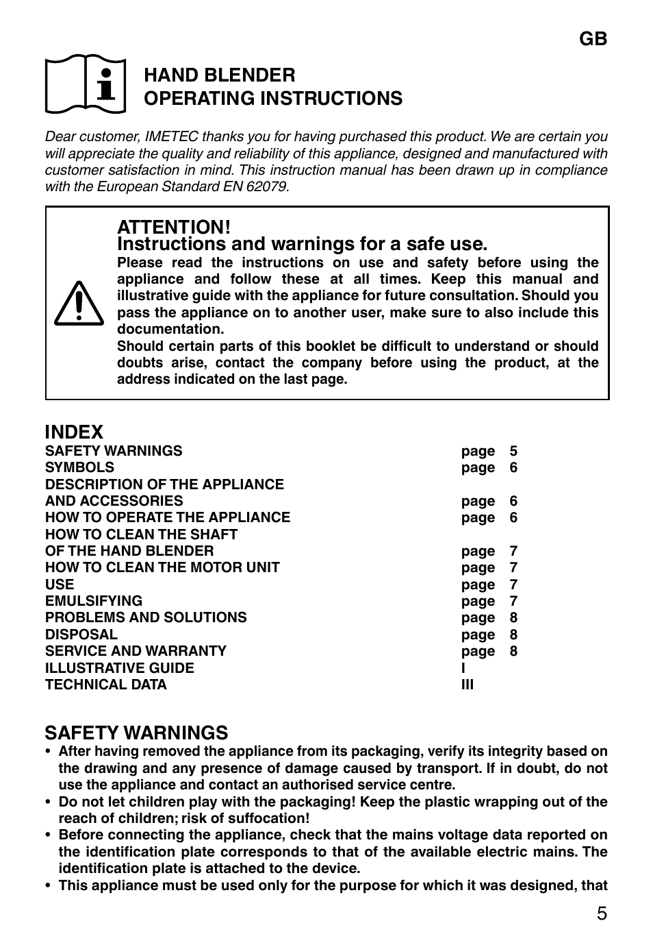Gb hand blender operating instructions, Index, Safety warnings | Imetec ECO HB User Manual | Page 10 / 26