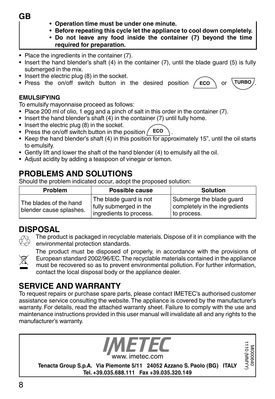 Problems and solutions, Disposal, Service and warranty | Imetec ECO HB User Manual | Page 13 / 26