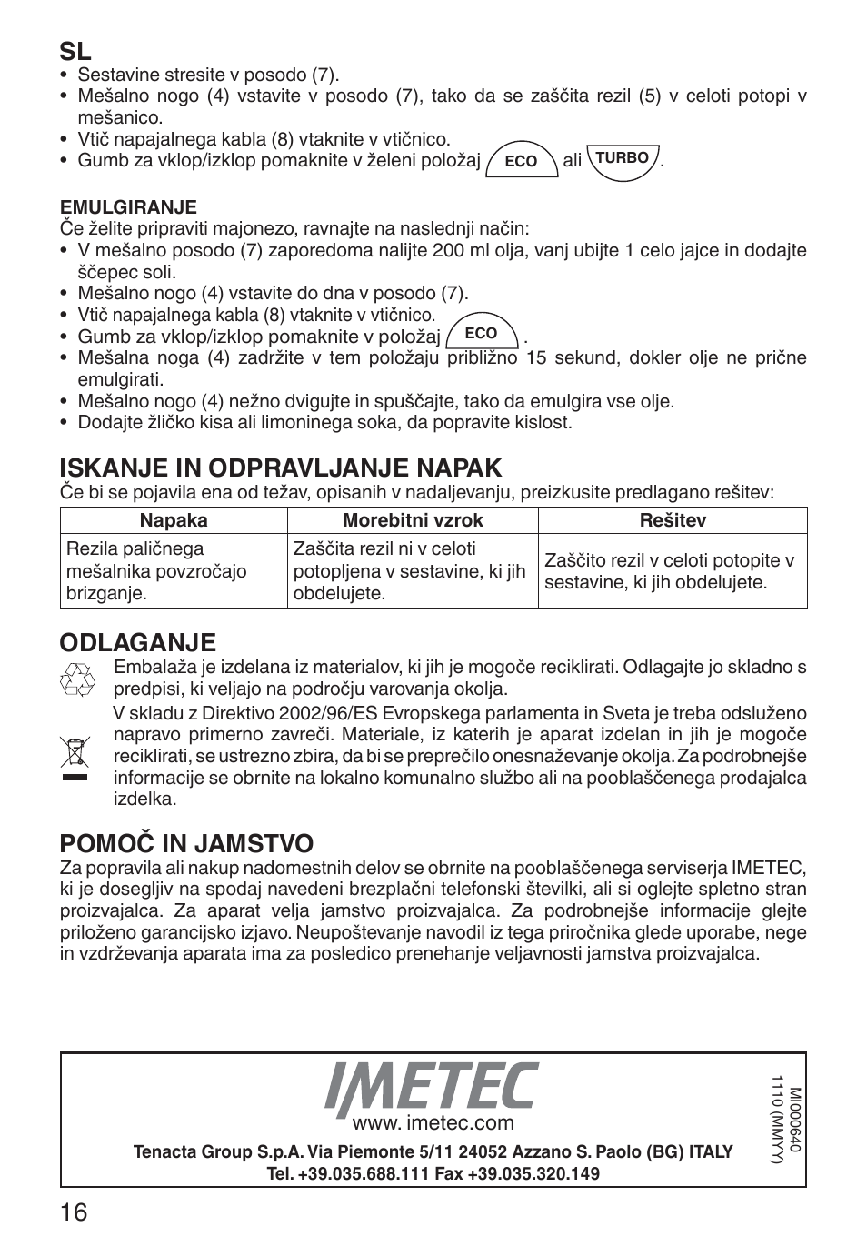 Iskanje in odpravljanje napak, Odlaganje, Pomoč in jamstvo | Imetec ECO HB User Manual | Page 21 / 26