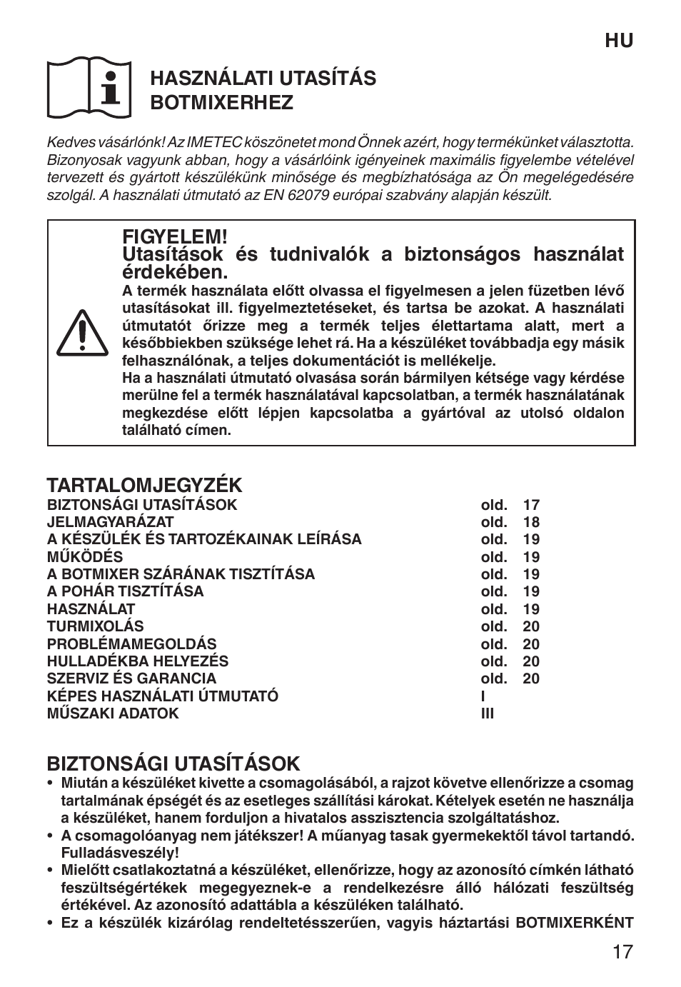 Hu használati utasítás botmixerhez, Tartalomjegyzék, Biztonsági utasítások | Imetec ECO HB User Manual | Page 22 / 26
