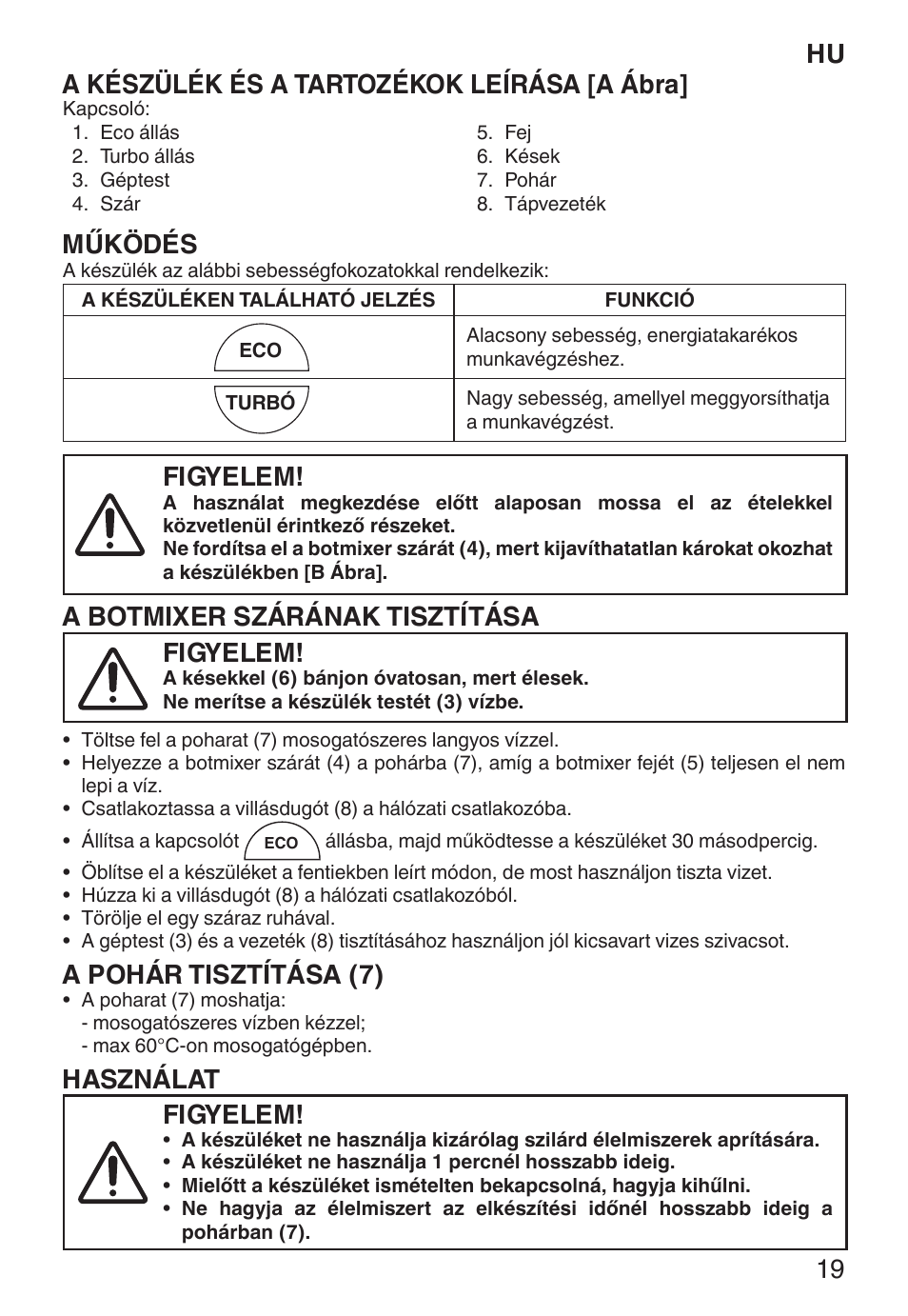Hu a készülék és a tartozékok leírása [a ábra, Működés, Figyelem | A botmixer szárának tisztítása, A pohár tisztítása (7), Használat | Imetec ECO HB User Manual | Page 24 / 26