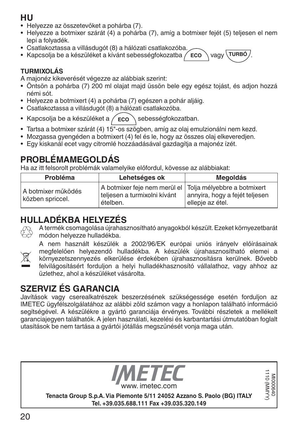 Problémamegoldás, Hulladékba helyezés, Szerviz és garancia | Imetec ECO HB User Manual | Page 25 / 26