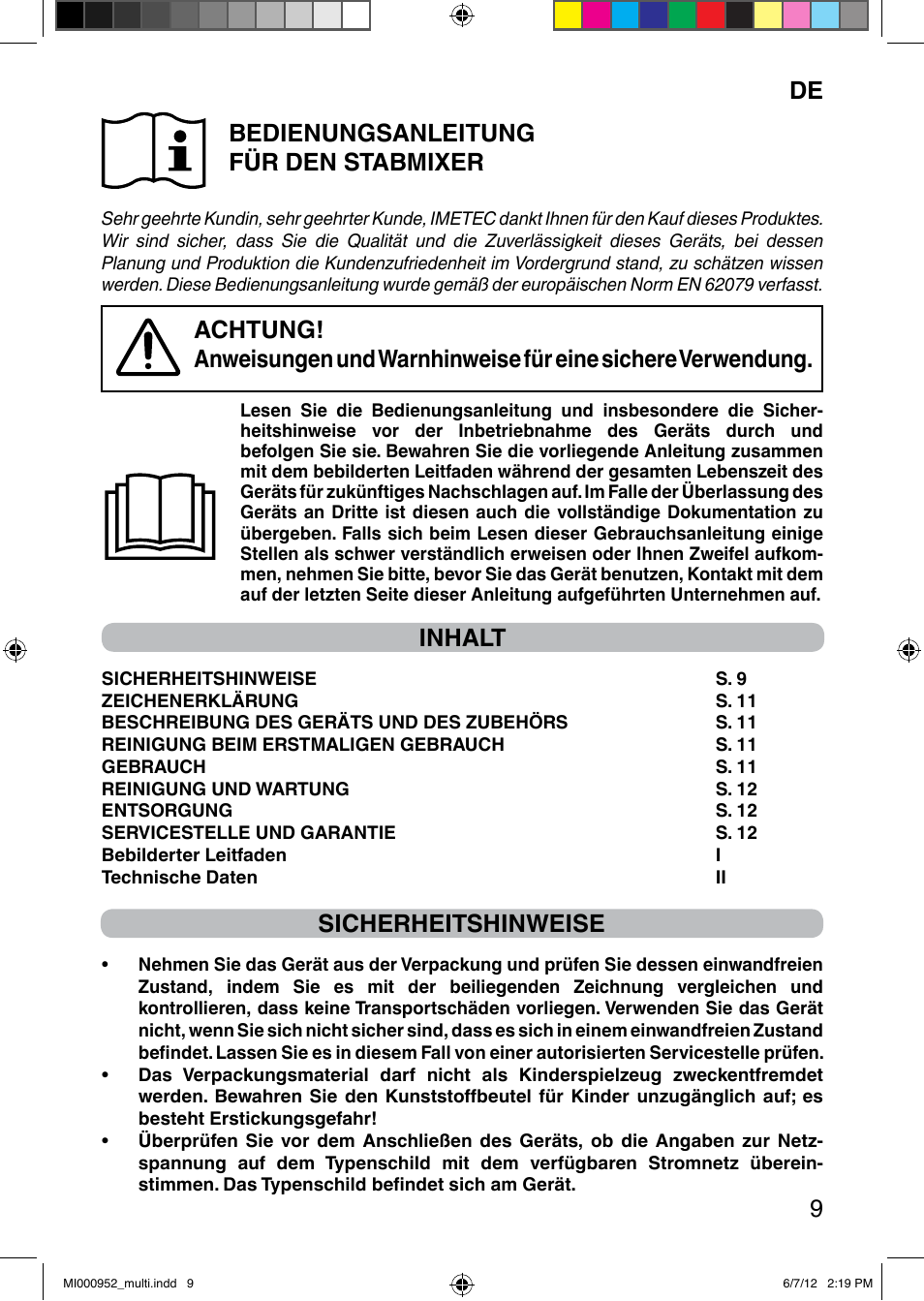 It 9 de bedienungsanleitung für den stabmixer, Inhalt, Sicherheitshinweise | Imetec DOLCEVITA HB2 500 User Manual | Page 14 / 25