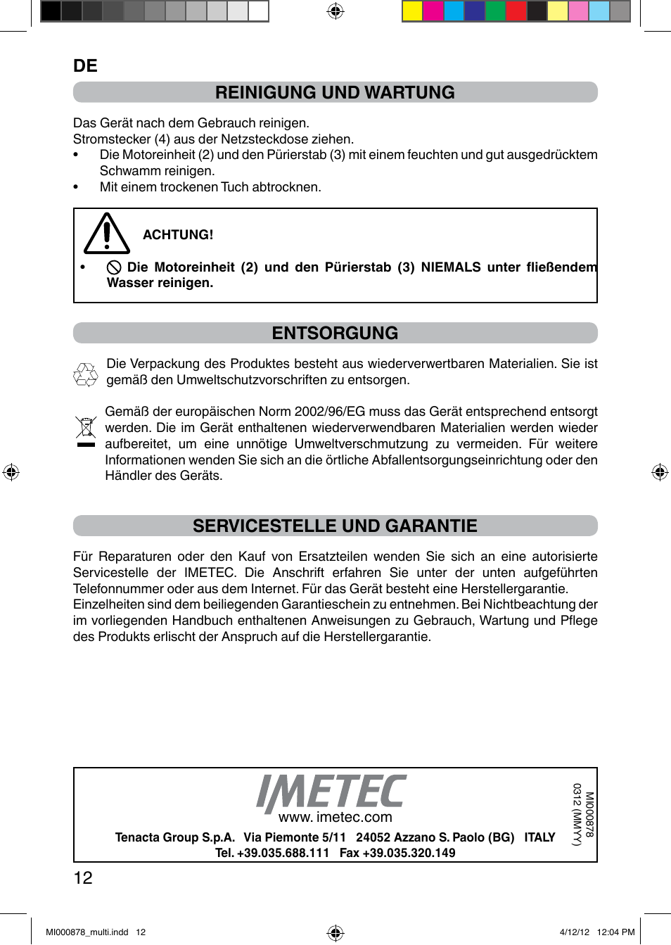 It 12 reinigung und wartung, Entsorgung, Servicestelle und garantie | Imetec DOLCEVITA HB2 User Manual | Page 14 / 30