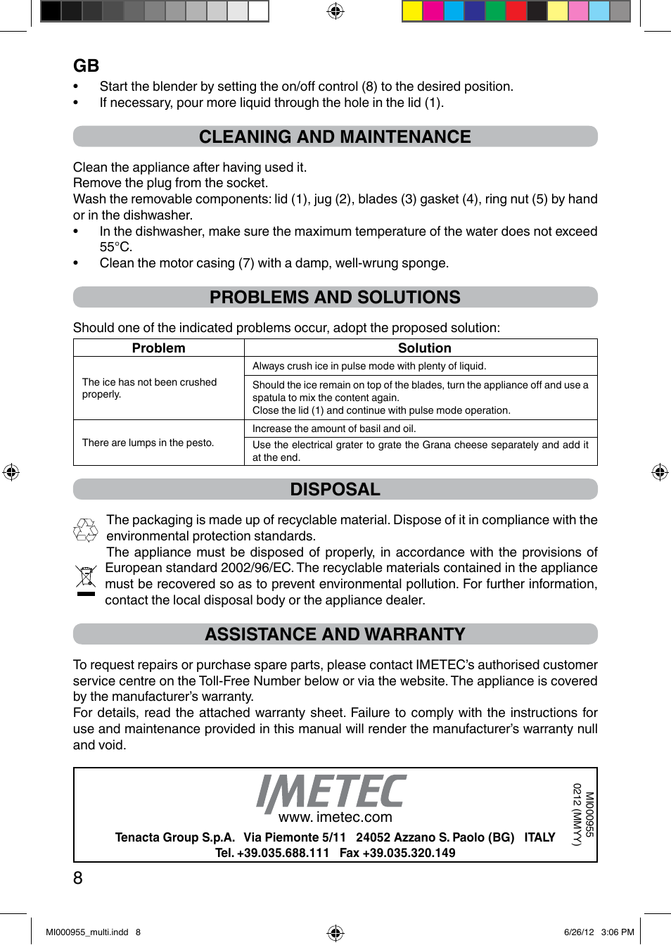 It 8, Cleaning and maintenance, Problems and solutions | Disposal, Assistance and warranty | Imetec PROFESSIONAL SERIE BL User Manual | Page 14 / 38