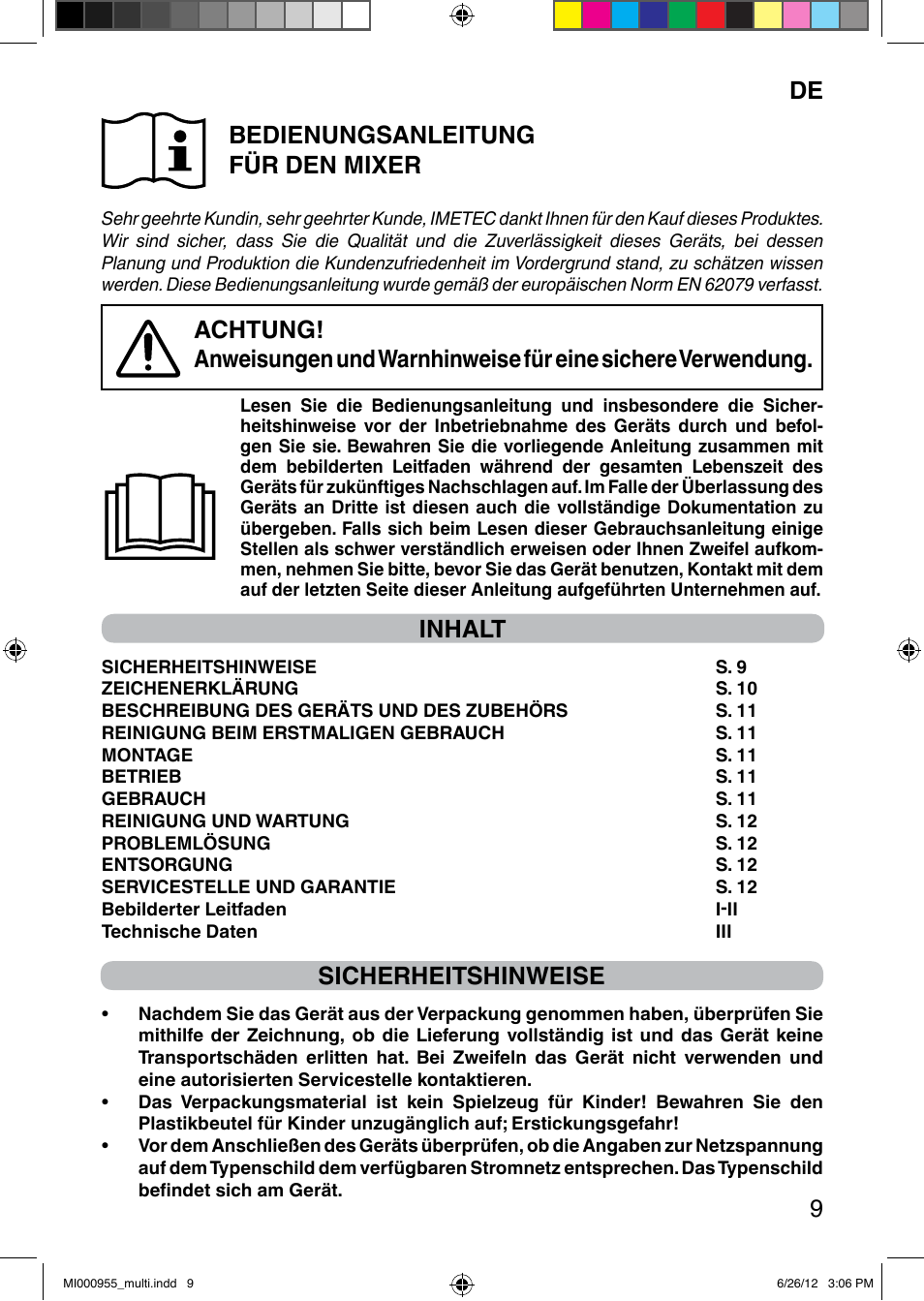 It 9 de bedienungsanleitung für den mixer, Inhalt, Sicherheitshinweise | Imetec PROFESSIONAL SERIE BL User Manual | Page 15 / 38