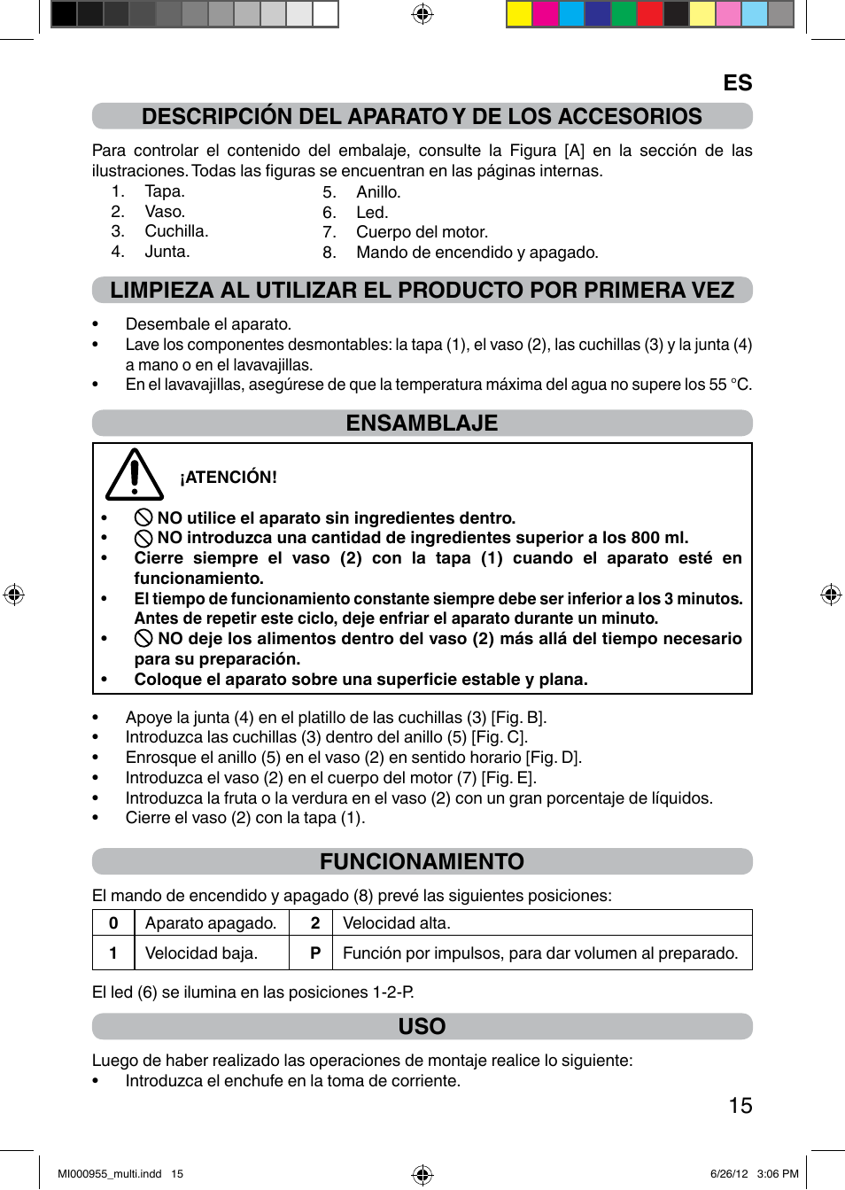 It 15 descripción del aparato y de los accesorios, Limpieza al utilizar el producto por primera vez, Ensamblaje | Funcionamiento | Imetec PROFESSIONAL SERIE BL User Manual | Page 21 / 38