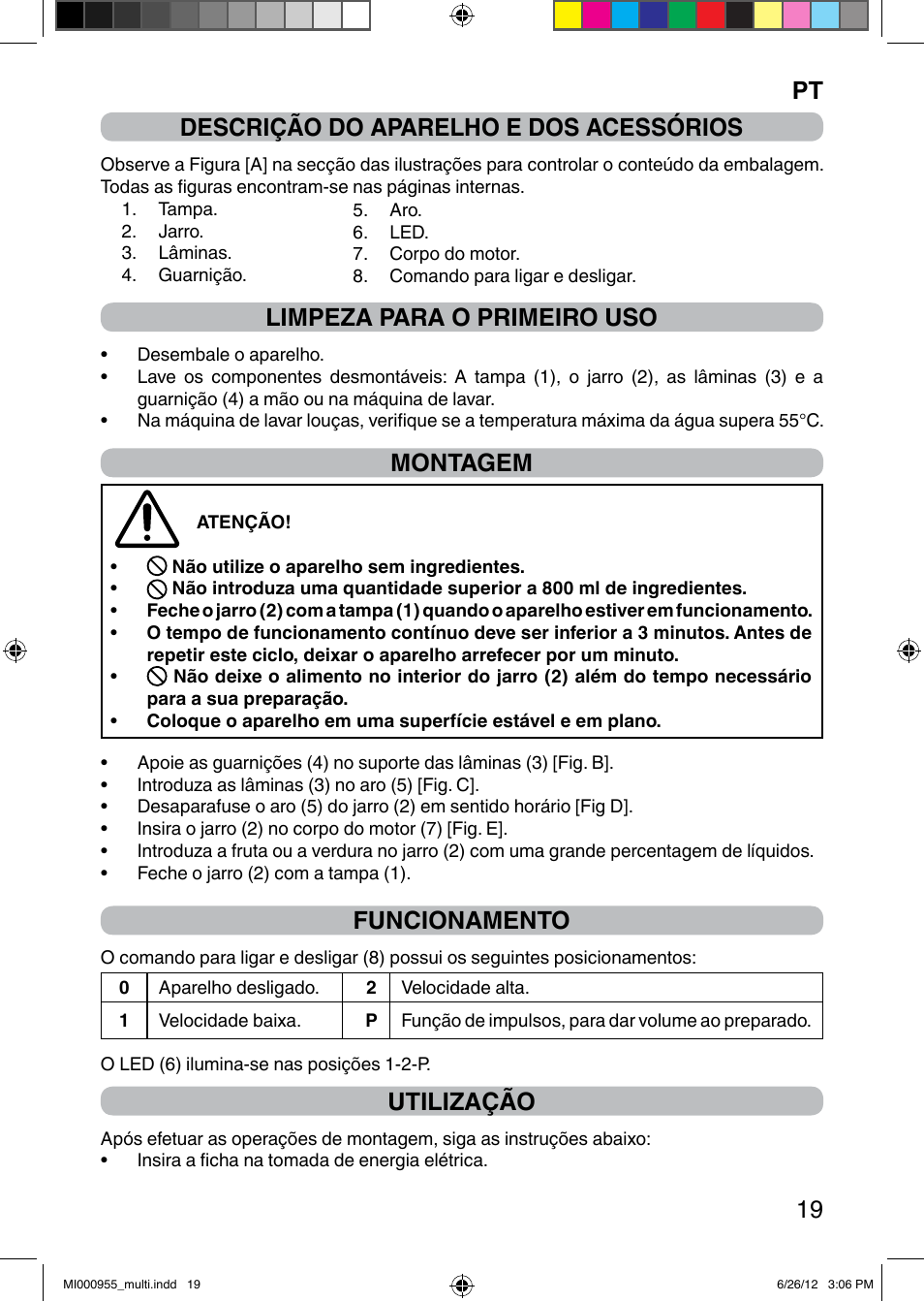 It 19 descrição do aparelho e dos acessórios, Limpeza para o primeiro uso, Montagem | Funcionamento, Utilização | Imetec PROFESSIONAL SERIE BL User Manual | Page 25 / 38