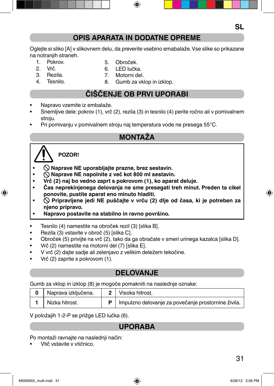 It 31 opis aparata in dodatne opreme, Čiščenje ob prvi uporabi, Montaža | Delovanje, Uporaba | Imetec PROFESSIONAL SERIE BL User Manual | Page 37 / 38