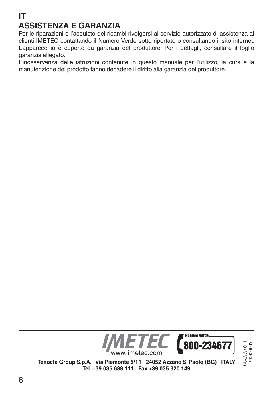 Assistenza e garanzia | Imetec ECO BL User Manual | Page 11 / 42