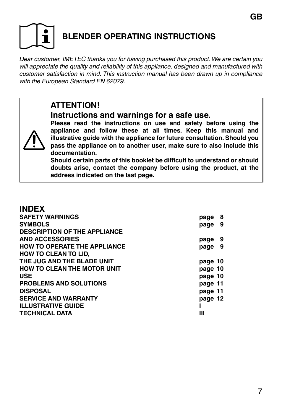Gb blender operating instructions, Index | Imetec ECO BL User Manual | Page 12 / 42