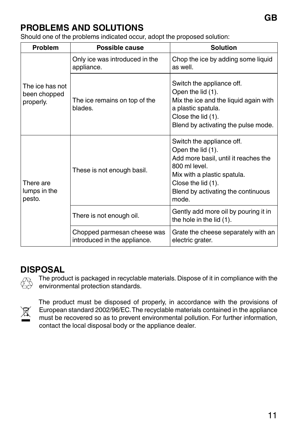 Gb problems and solutions, Disposal | Imetec ECO BL User Manual | Page 16 / 42