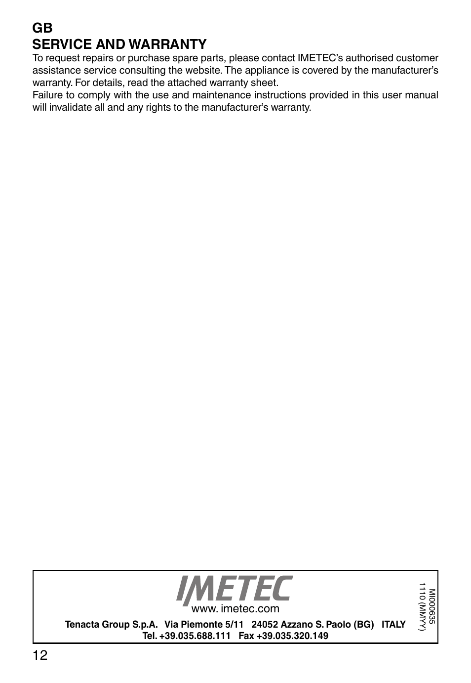Service and warranty | Imetec ECO BL User Manual | Page 17 / 42