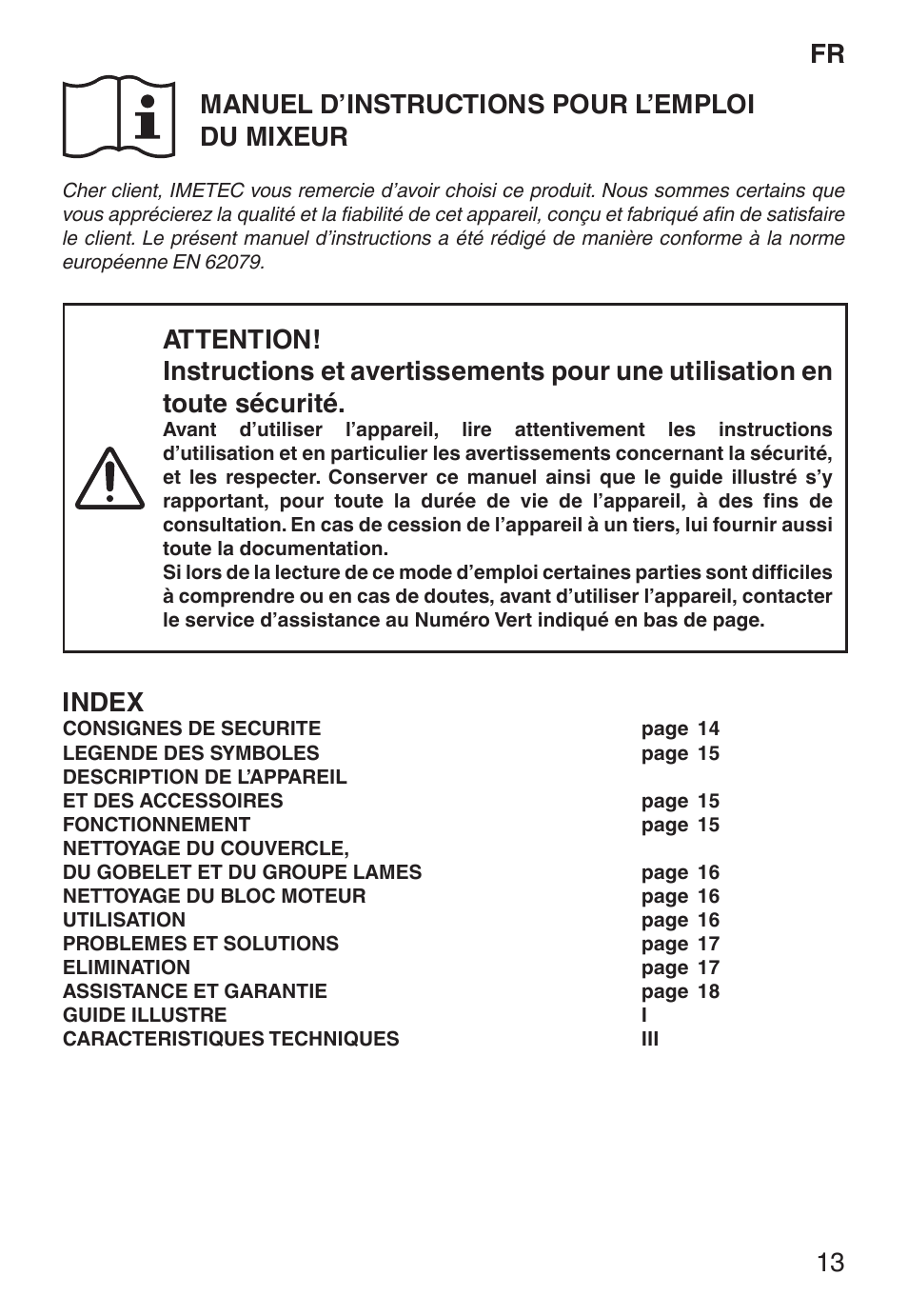 Fr manuel d’instructions pour l’emploi du mixeur, Index | Imetec ECO BL User Manual | Page 18 / 42