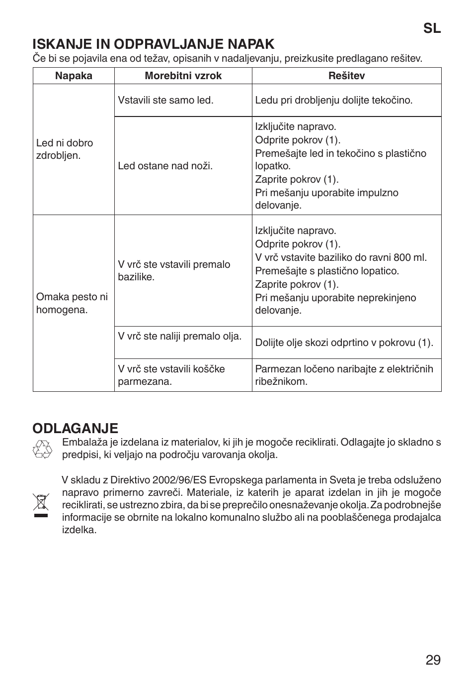 Sl iskanje in odpravljanje napak, Odlaganje | Imetec ECO BL User Manual | Page 34 / 42