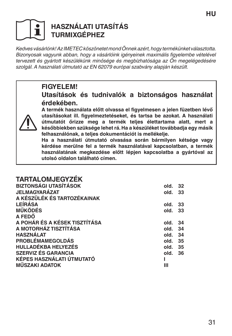 Hu használati utasítás turmixgéphez, Tartalomjegyzék | Imetec ECO BL User Manual | Page 36 / 42