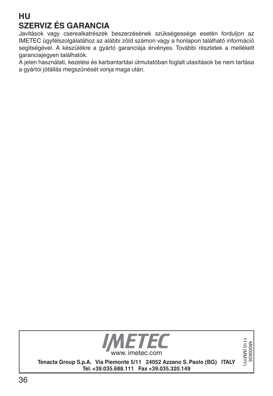 Szerviz és garancia | Imetec ECO BL User Manual | Page 41 / 42