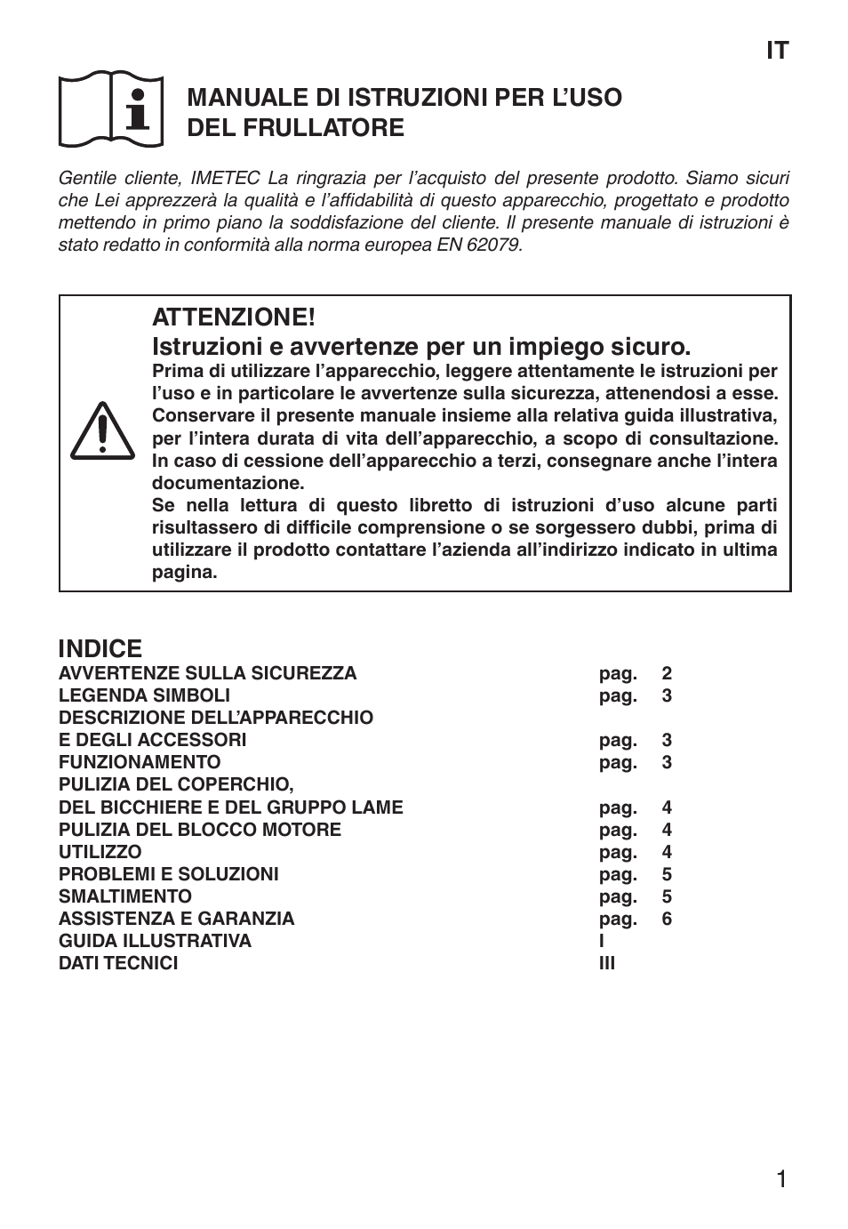 It manuale di istruzioni per l’uso del frullatore, Indice | Imetec ECO BL User Manual | Page 6 / 42