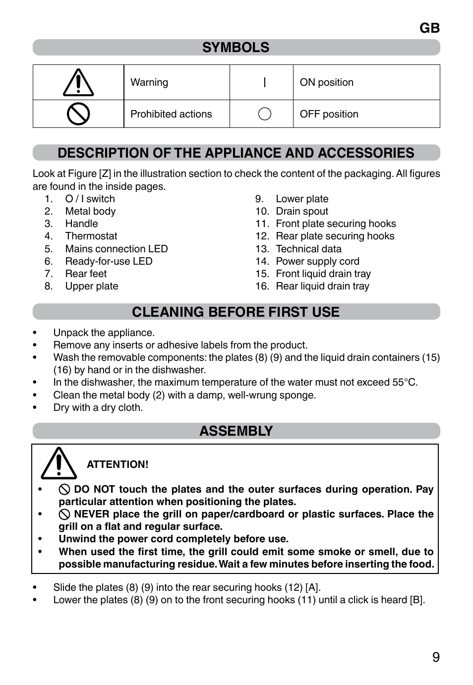 Gb 9 symbols, Description of the appliance and accessories, Cleaning before first use | Assembly | Imetec PROFESSIONAL SERIE GL 2000 User Manual | Page 11 / 50