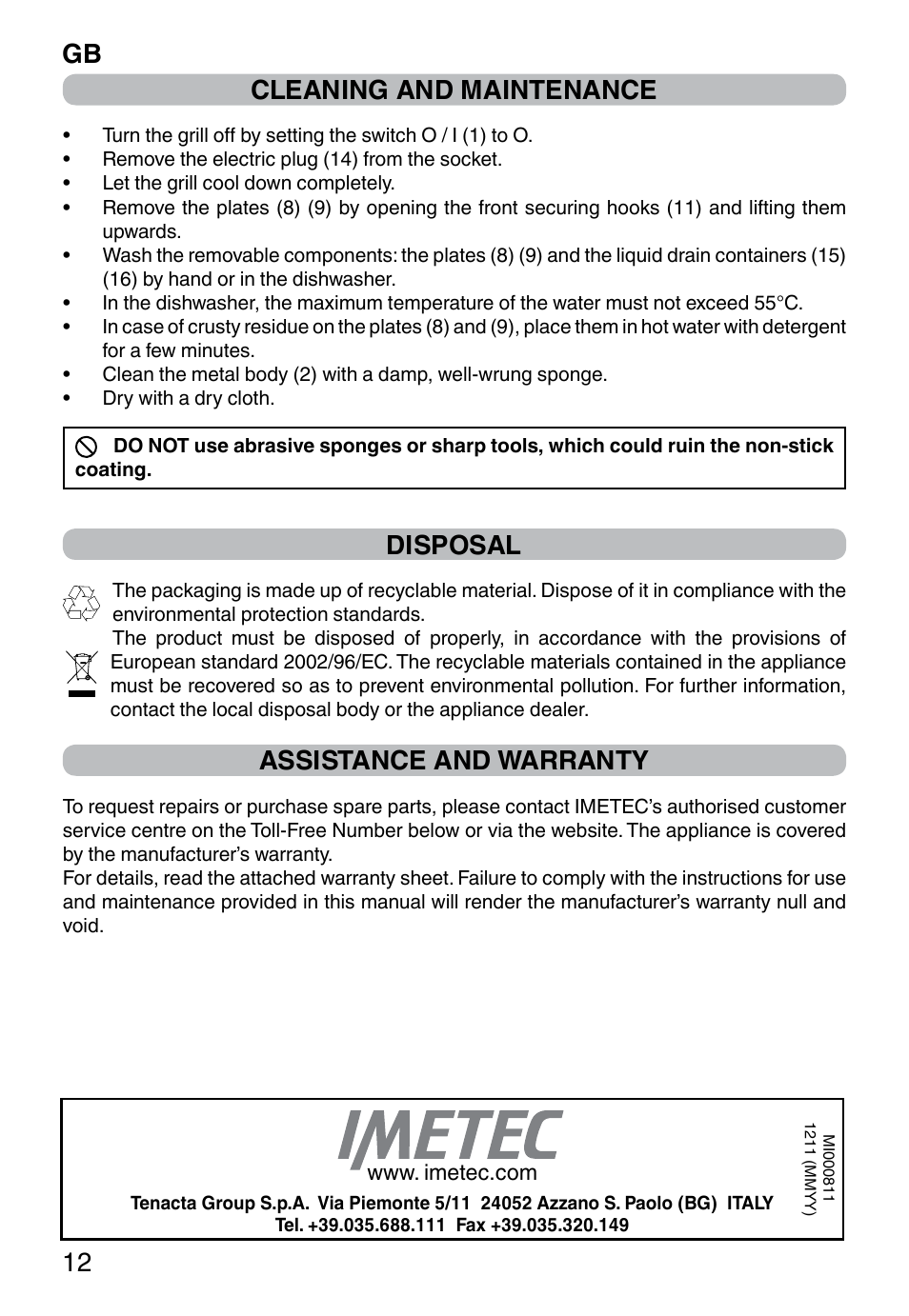 Gb 12 cleaning and maintenance, Disposal, Assistance and warranty | Imetec PROFESSIONAL SERIE GL 2000 User Manual | Page 14 / 50