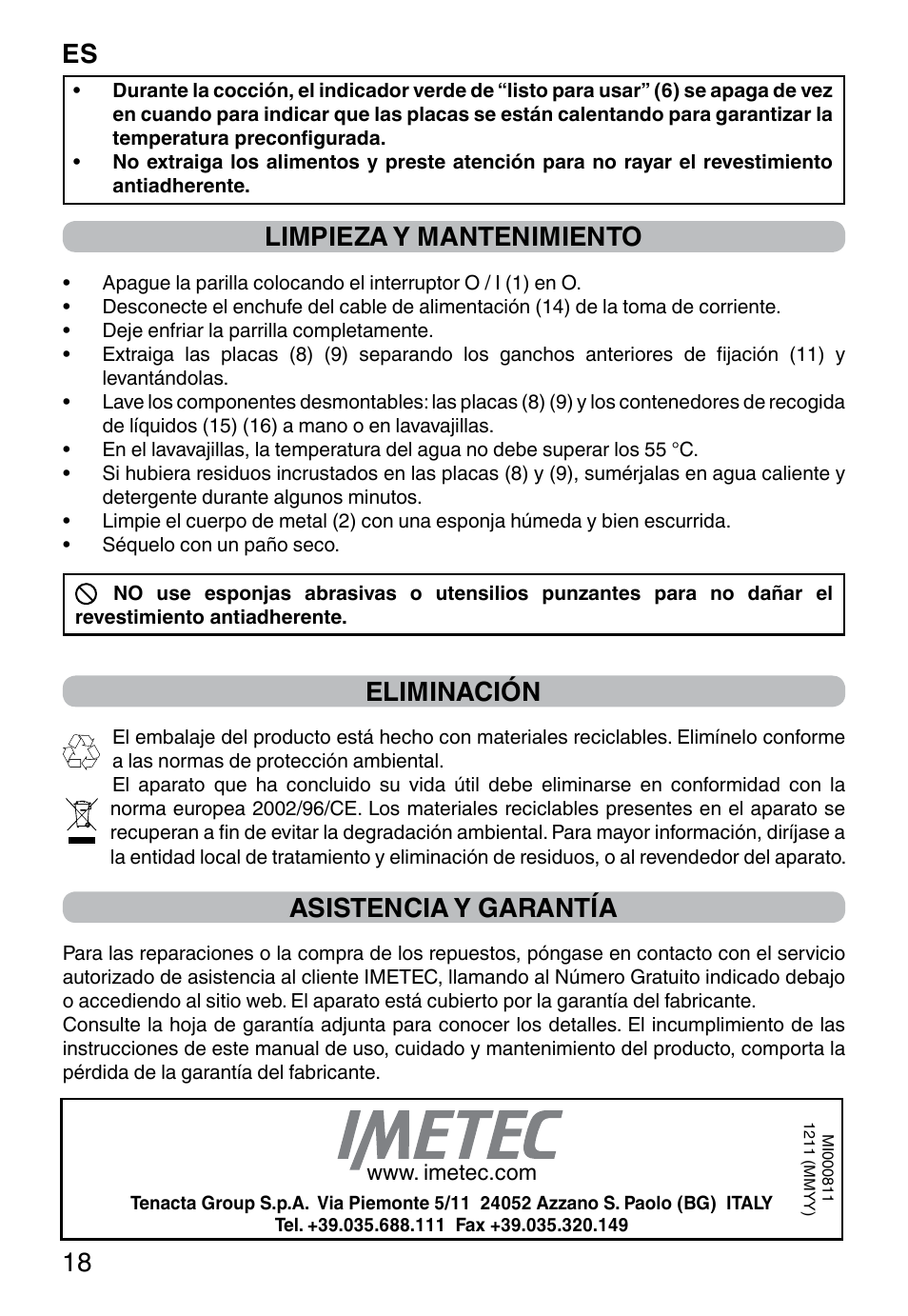 Es 18, Limpieza y mantenimiento, Eliminación | Asistencia y garantía | Imetec PROFESSIONAL SERIE GL 2000 User Manual | Page 20 / 50