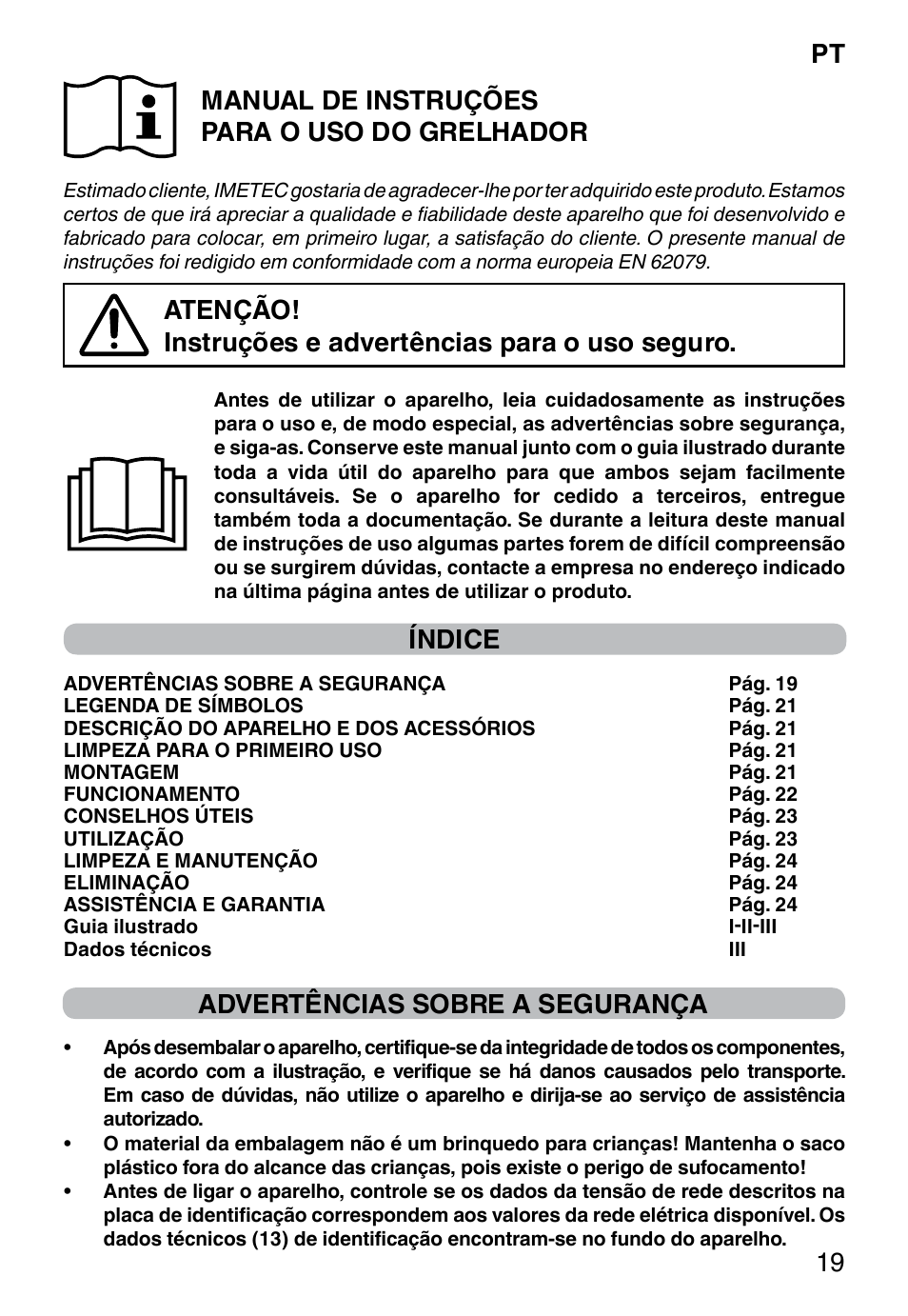 Pt 19 manual de instruções para o uso do grelhador, Índice, Advertências sobre a segurança | Imetec PROFESSIONAL SERIE GL 2000 User Manual | Page 21 / 50