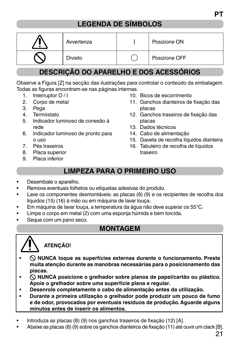 Pt 21 legenda de símbolos, Descrição do aparelho e dos acessórios, Limpeza para o primeiro uso | Montagem | Imetec PROFESSIONAL SERIE GL 2000 User Manual | Page 23 / 50