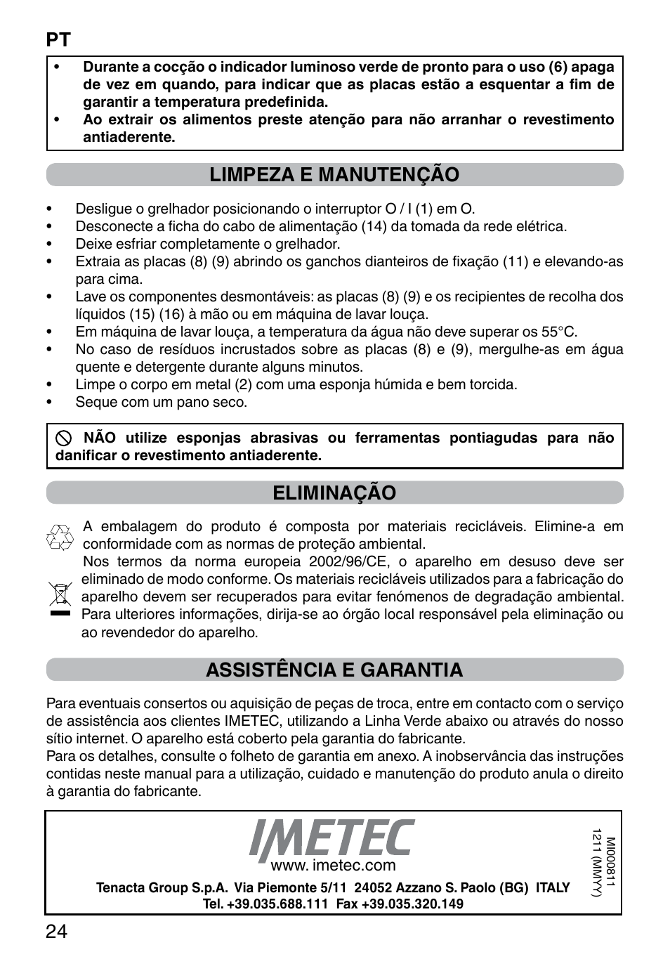 Pt 24, Limpeza e manutenção, Eliminação | Assistência e garantia | Imetec PROFESSIONAL SERIE GL 2000 User Manual | Page 26 / 50