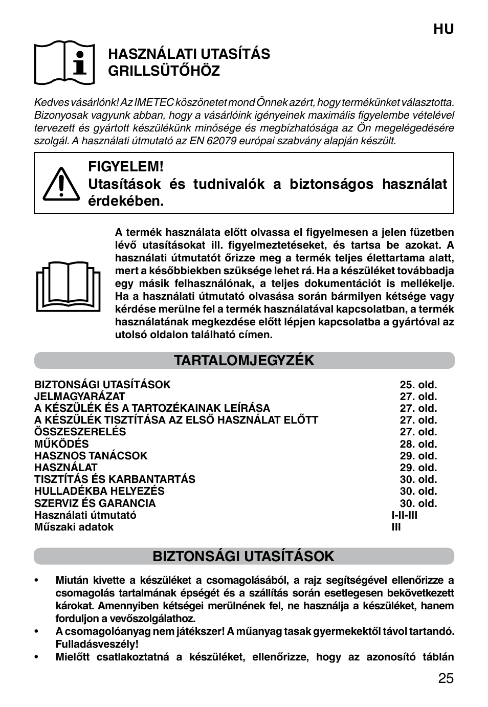 Hu 25 használati utasítás grillsütőhöz, Tartalomjegyzék, Biztonsági utasítások | Imetec PROFESSIONAL SERIE GL 2000 User Manual | Page 27 / 50