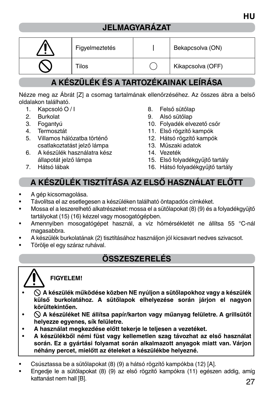 Hu 27 jelmagyarázat, A készülék és a tartozékainak leírása, A készülék tisztítása az első használat előtt | Összeszerelés | Imetec PROFESSIONAL SERIE GL 2000 User Manual | Page 29 / 50